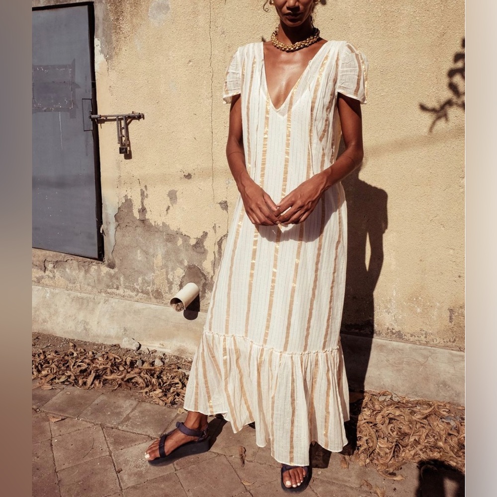 Elegant Cream Striped Maxi Dress